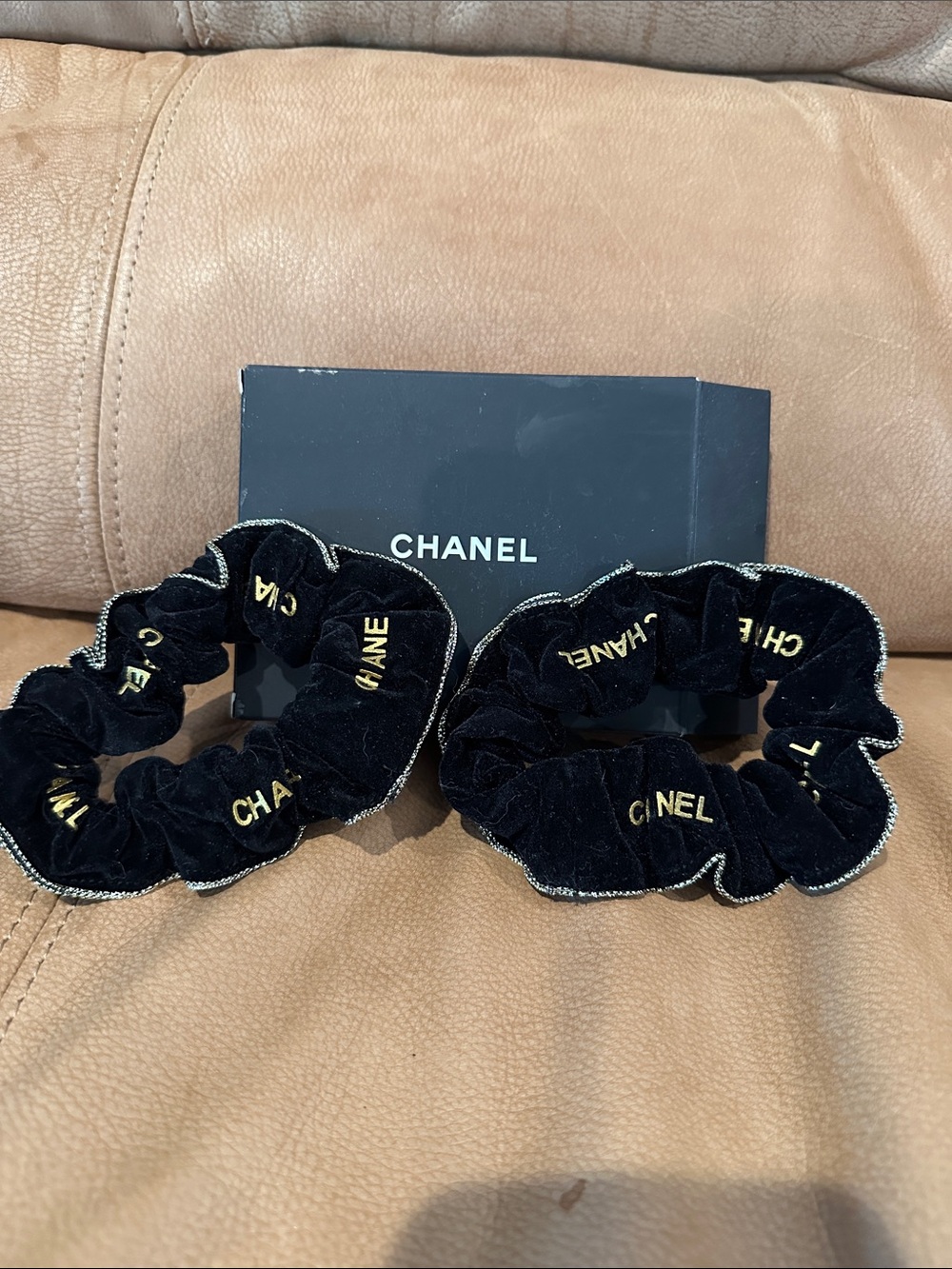 CHANEL Black Velvet Scrunchie Pair with Gold Logo Trim